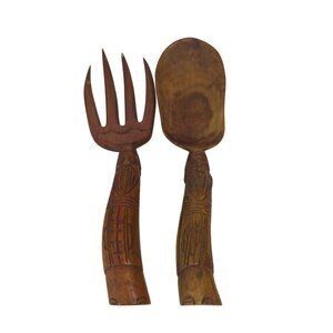 Vintage Hand-Carved Wooden Fork & Spoon Set With Folk Art Tribal Design